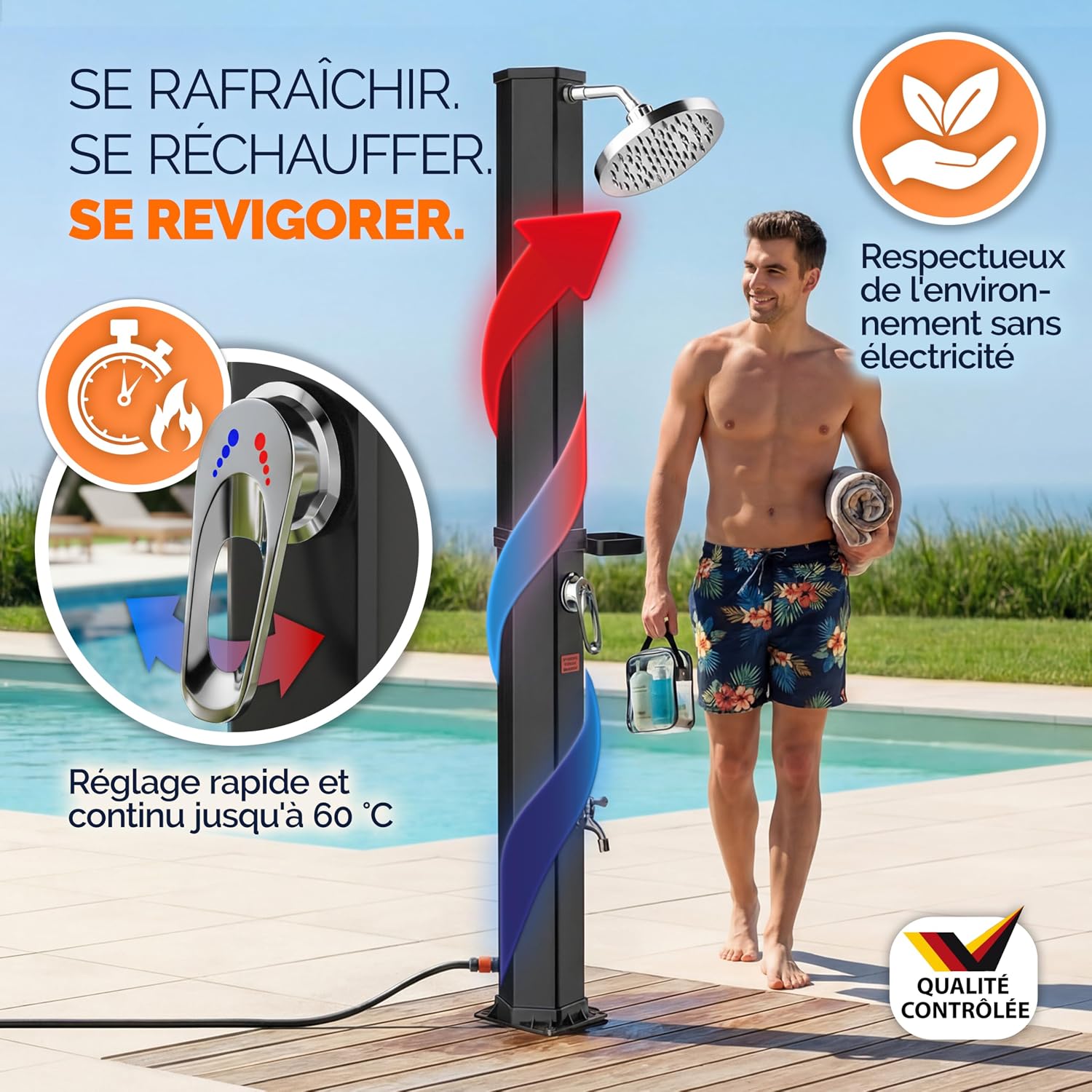 Casaria® Douche Solaire Jardin 35 L - 216 cm - Pommeau de Douche pivotant Ø15 cm - Douchette extérieur Eau Chaude - avec raccord Tuyau d'Arrosage & Housse de Protection - Piscine, Terrasse, Camping