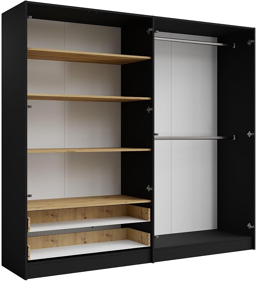 Vente-unique - Armoire 4 Portes et 2 tiroirs - avec Miroir - L220 cm - Coloris : Noir et Naturel - TUNALO