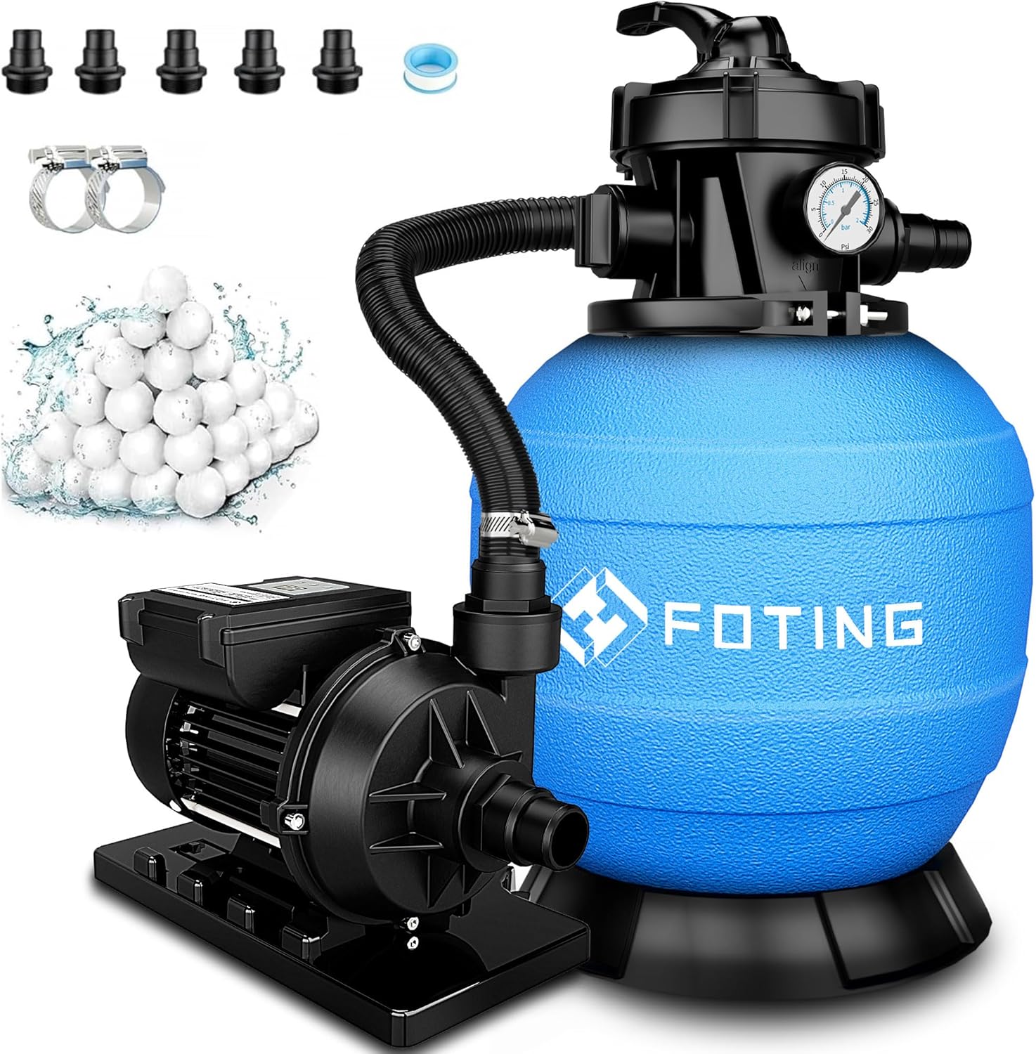 FOTING Système de Filtre à Sable pour Piscine 11 500 L/h (11,5 m³/h) INCL. 200 g de Billes Filtrantes, Filtre de Piscine avec Vanne 7 Voies, Minuterie 24 h, Adaptateur 2-en-1 Ø32–38 mm