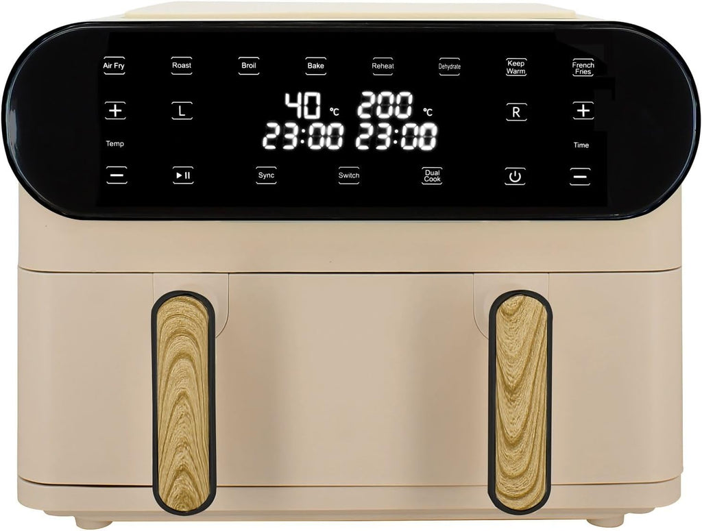 MENASTYL - Friteuse Sans Huile Deux Cuves - Capacité 11L XXL - Air Fryer Double Compartiments - Écran Tactile LED 6 Programmes - Cuisson Saine et Rapide 40-200°C - Grille Antiadhésive - Couleur Crème