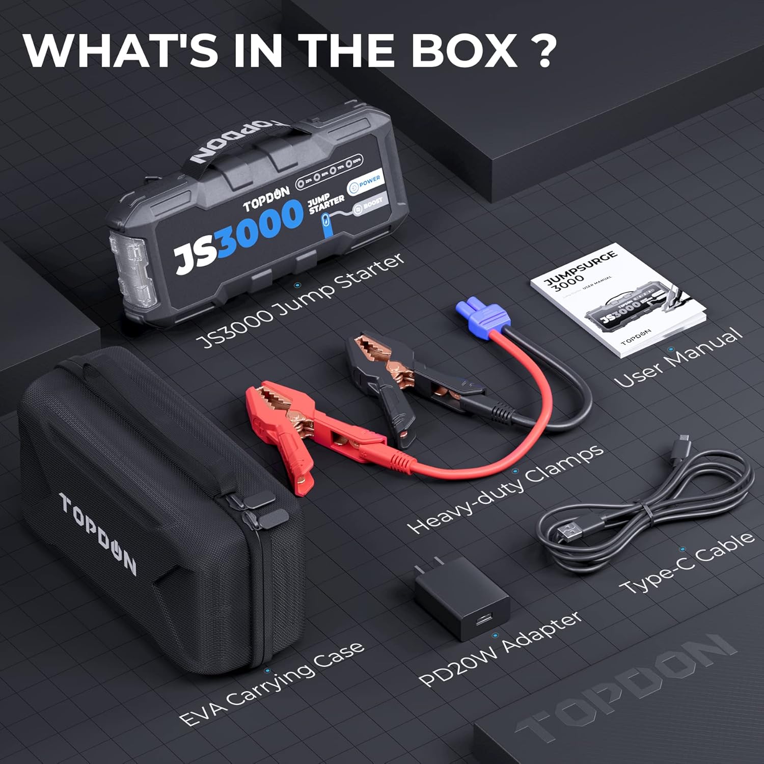 TOPDON Booster Batterie, JS3000 Demarreur Batterie Voiture 3000A/24000mAh Jump Starter Moteurs Diesel Jusqu'à 9 L et 7 L, Charge Rapide USB Lampe Poche LED intégrée