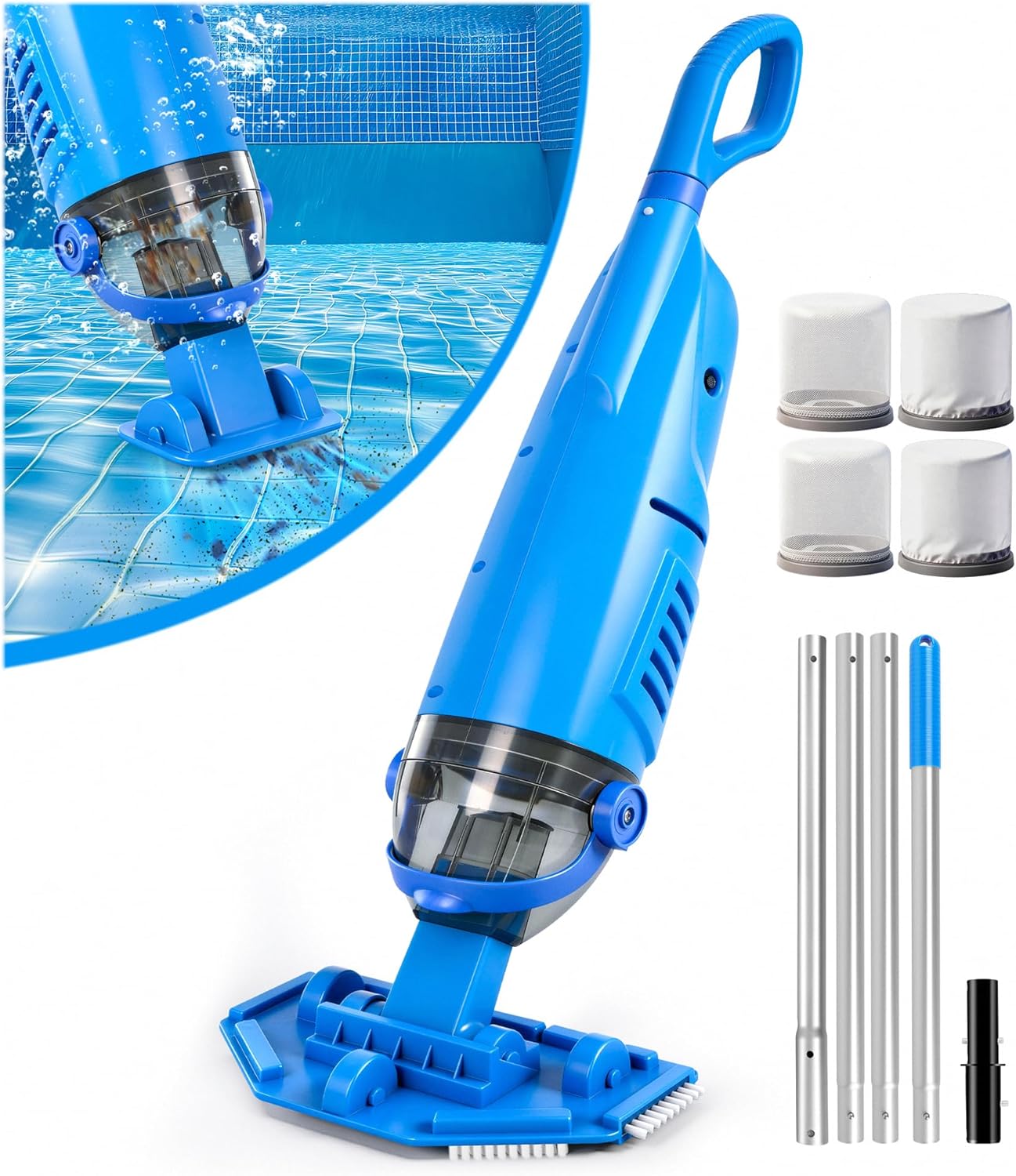 LanBlu Aspirateur Piscine Sans Fil, 2.5m Aspirateurs Piscines Batterie avec Tige Télescopique,4200L/H Manuel Aspirateur Piscine Hors Sol avec 4 Filtre,Conception Anti-retour Balai Aspirateurs Piscines