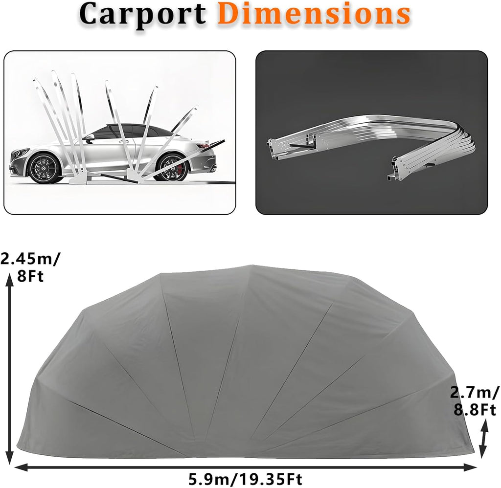 Abri De Voiture Semi-Automatique en Acier Inoxydable, Abri Voiture Exterieur Pliable, Garage Mobile Exterieur, L 5,5m x W 2.5 x H 2.3m / L 5,9m x W 2,7 x H 2,45 m (Gris) (5.9 x 2.7 x 2.45m)