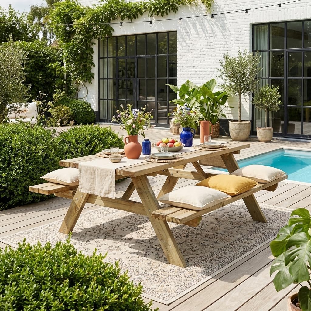 Alice's Garden - Table de Pique Nique Bois de pin + 2 bancs rabattables en Bois. 6 Places - PANCHINA - Table de Jardin Robuste en pin sylvestre