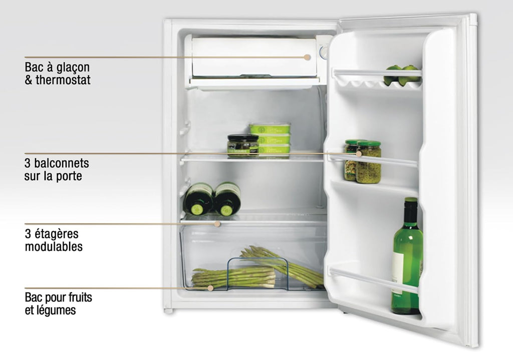 HYUNDAI Réfrigérateur Table Top 90 L Keep Fresh, Compact avec Freezer, Porte Réversible, 2 Clayettes Verre, Bac à Légumes, 41 dB (Blanc)