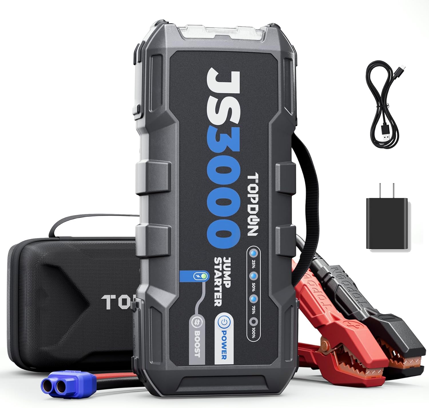 TOPDON Booster Batterie, JS3000 Demarreur Batterie Voiture 3000A/24000mAh Jump Starter Moteurs Diesel Jusqu'à 9 L et 7 L, Charge Rapide USB Lampe Poche LED intégrée