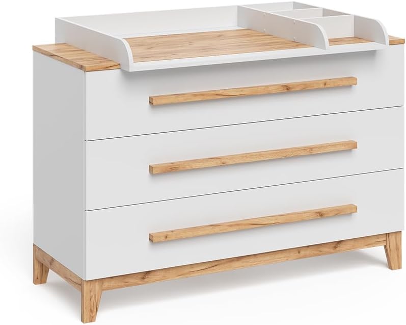 Table à Langer Malia, Blanc/Artisan, 133.2x98cm avec 3 tiroirs