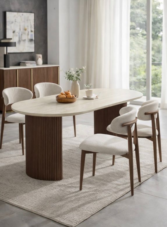 Table à manger CALYPSO – Noyer & céramique effet travertin – 180 cm
