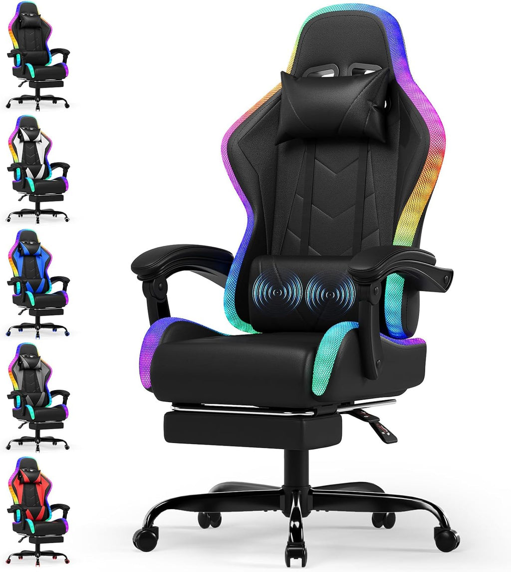 Devoko Chaise Gaming Ergonomique avec LED RGB, Massage Lombaire & Repose-Pieds – Fauteuil Gamer avec Appui-tête réglable – Dossier inclinable & Hauteur Ajustable – 180 kg – Noir