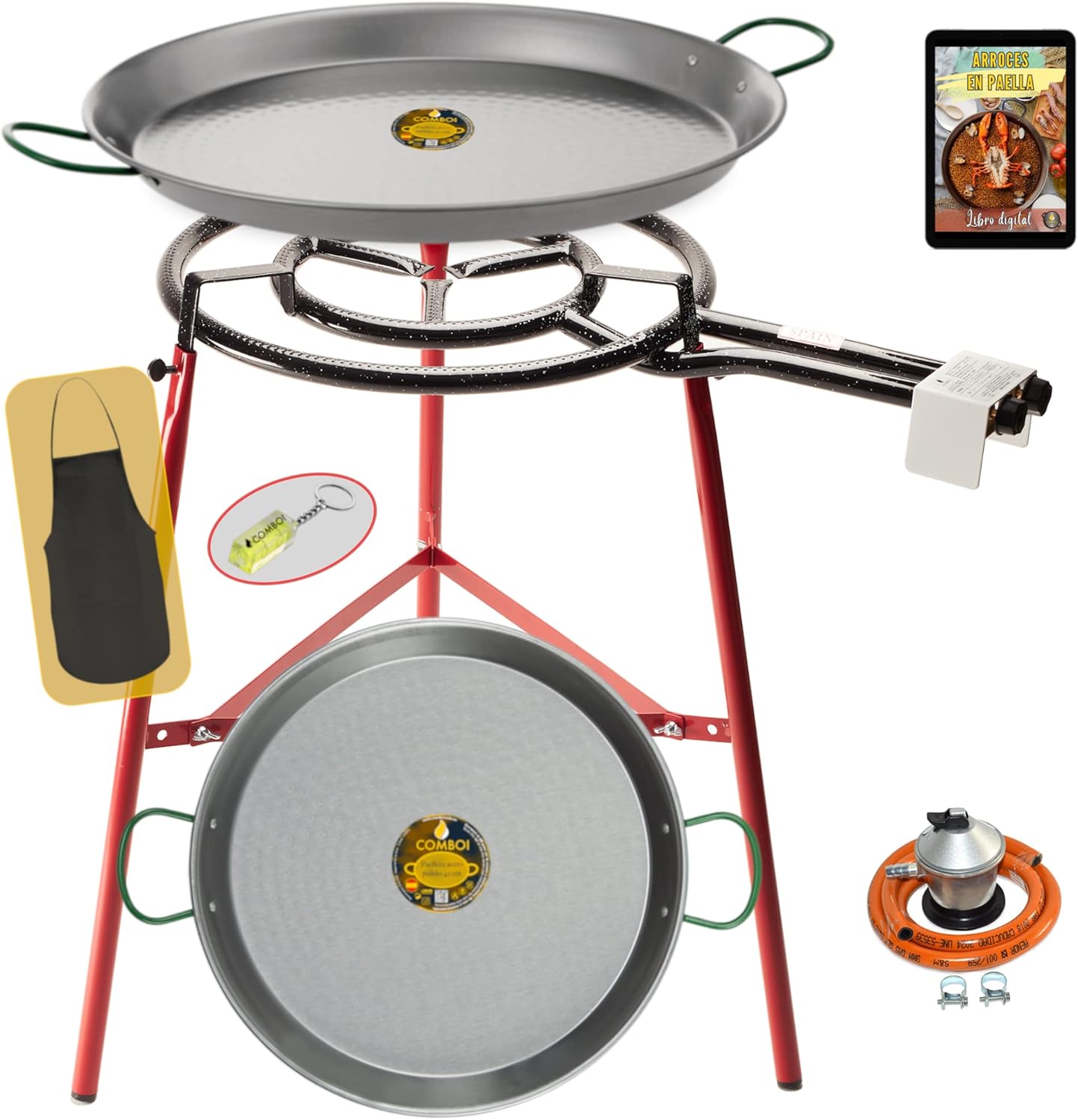 COMBOI - Kit paella, Brûleur à Gaz Butane de 50 cm, Poêles à paella de 60 cm et 42 cm, Régulateur de Gaz, Tuyau, Trépied Renforcé, Tablier et Recettes.