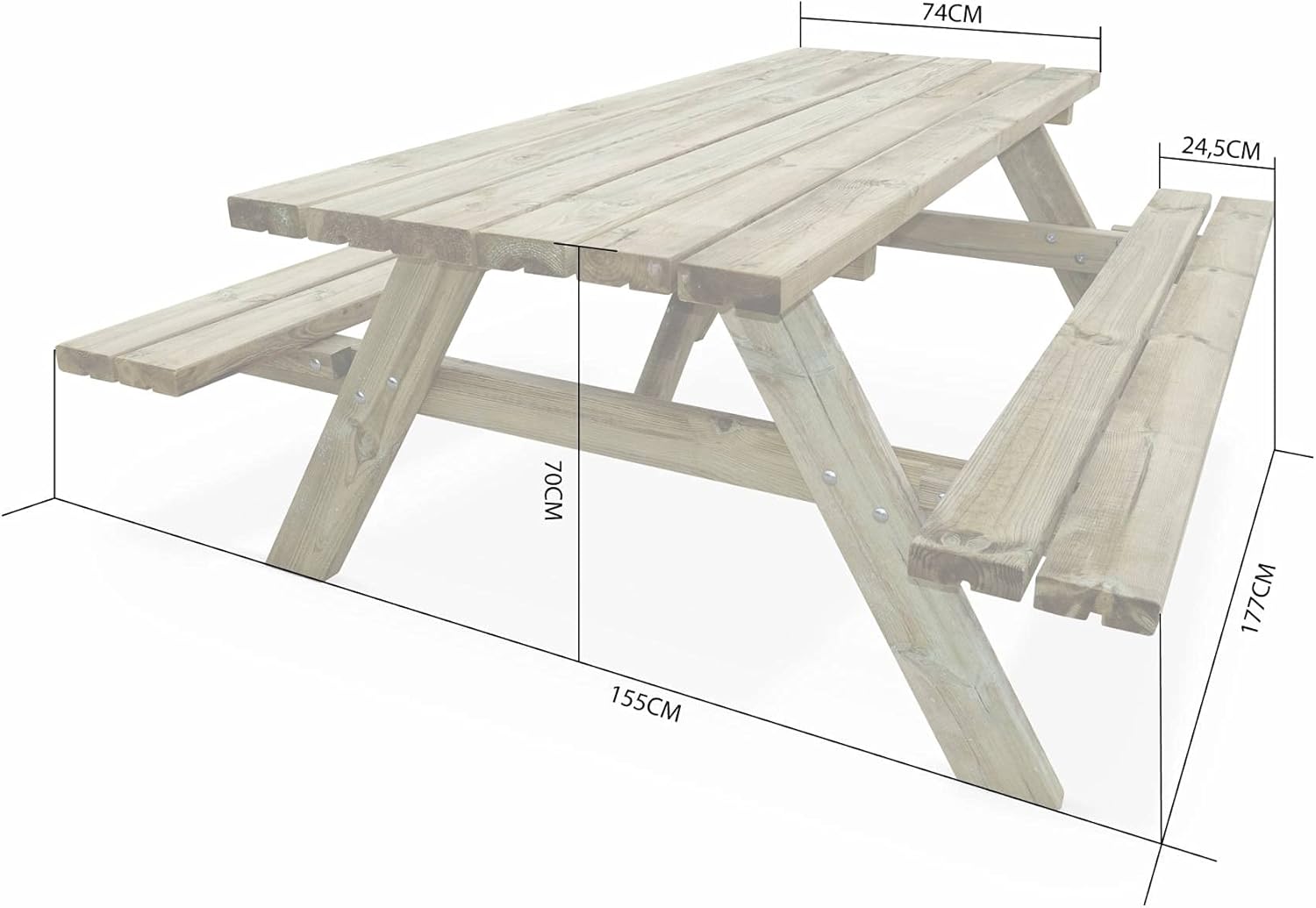 Alice's Garden - Table de Pique Nique Bois de pin + 2 bancs rabattables en Bois. 6 Places - PANCHINA - Table de Jardin Robuste en pin sylvestre