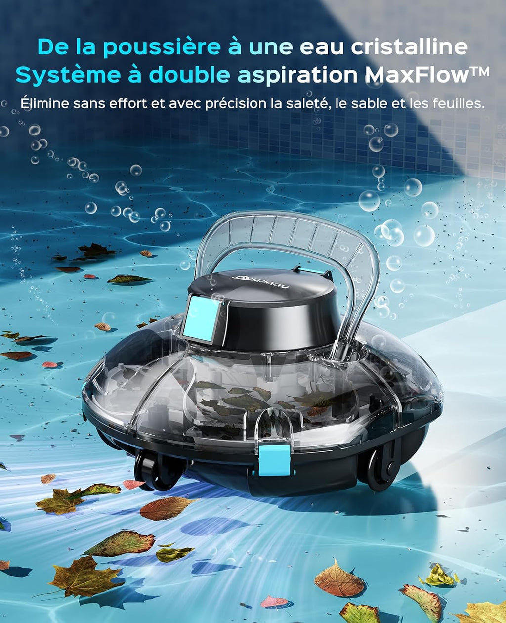 WINNY POOL CLEANER Winny 200P Robot Piscine, Aspirateur Piscine sans Fil avec Batterie, Autonomie 80 Min pour Piscines Hors-Sol 60m², Double Filtration,Stationnement Automatique(Noir-Bleu)