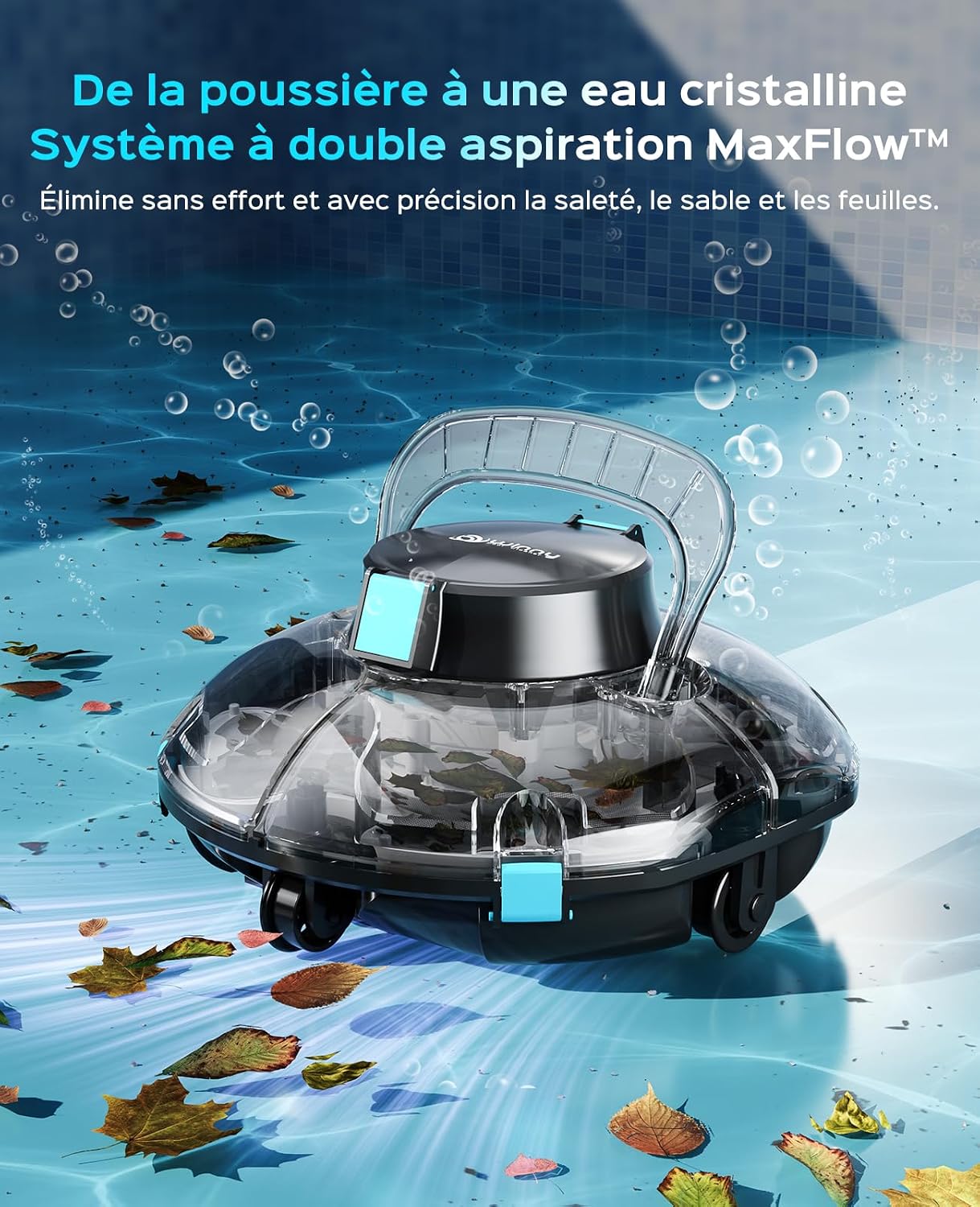 WINNY POOL CLEANER Winny 200P Robot Piscine, Aspirateur Piscine sans Fil avec Batterie, Autonomie 80 Min pour Piscines Hors-Sol 60m², Double Filtration,Stationnement Automatique(Noir-Bleu)