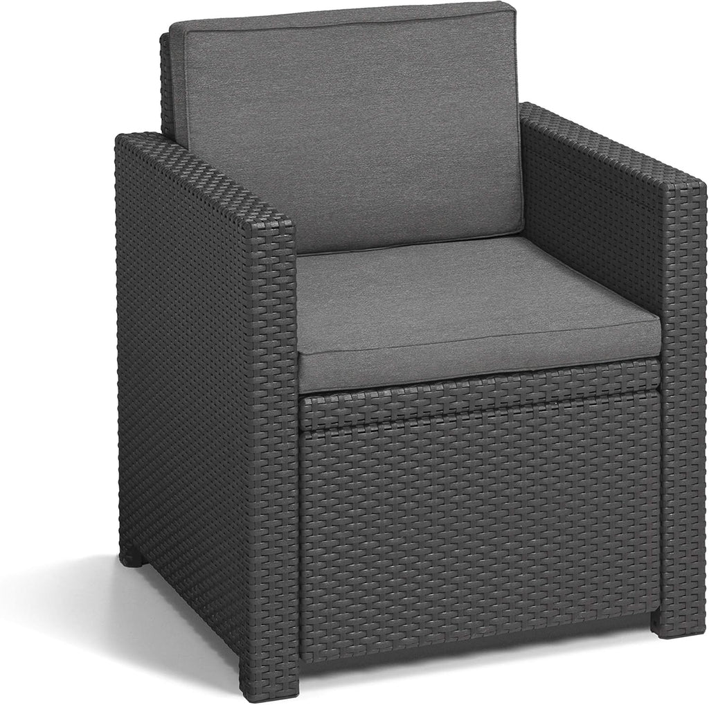 Allibert by Keter Monaco Salon de Jardin 4 pièces, Graphite/Gris, avec Coussins d'assise et de Dossier, en Plastique, Aspect rotin Plat