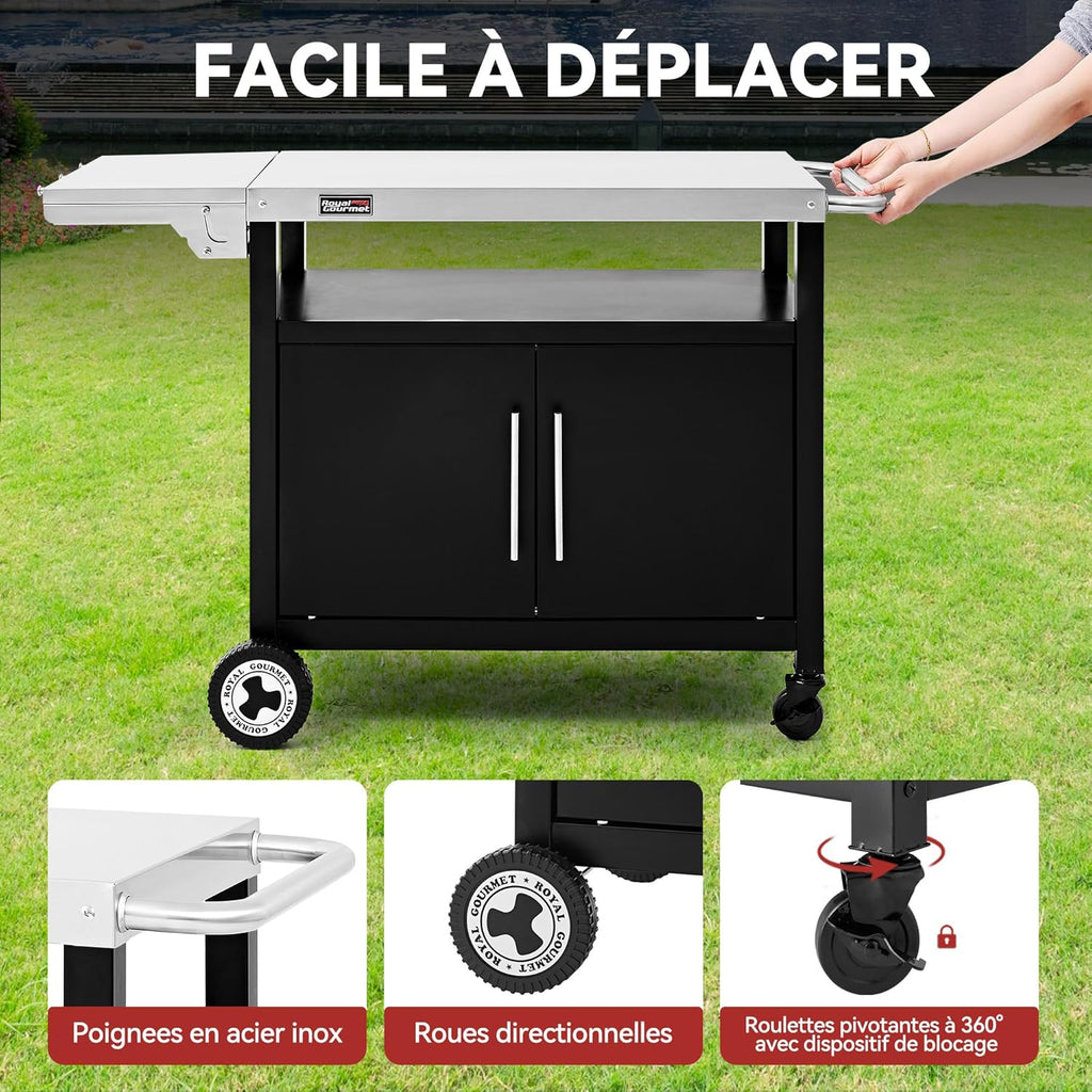 Royal Gourmet Chariot de Barbecue avec Porte d'Armoire, Desserte Extérieure pour Plancha avec Dessus de Table en Acier INOX 85 x 50cm et Table d'Appoint Pliable de 30 x 50cm, pour Cuisine et Jardin