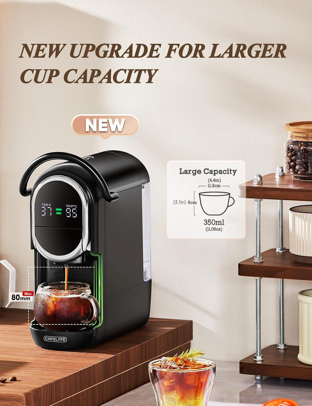Cafelffe Machine à café automatique, cafetière à capsules 4 en 1 avec température réglable et 7 temps d'infusion préréglés, machine à expresso 19 bars pour NES/DG/ESE/café moulu, noir