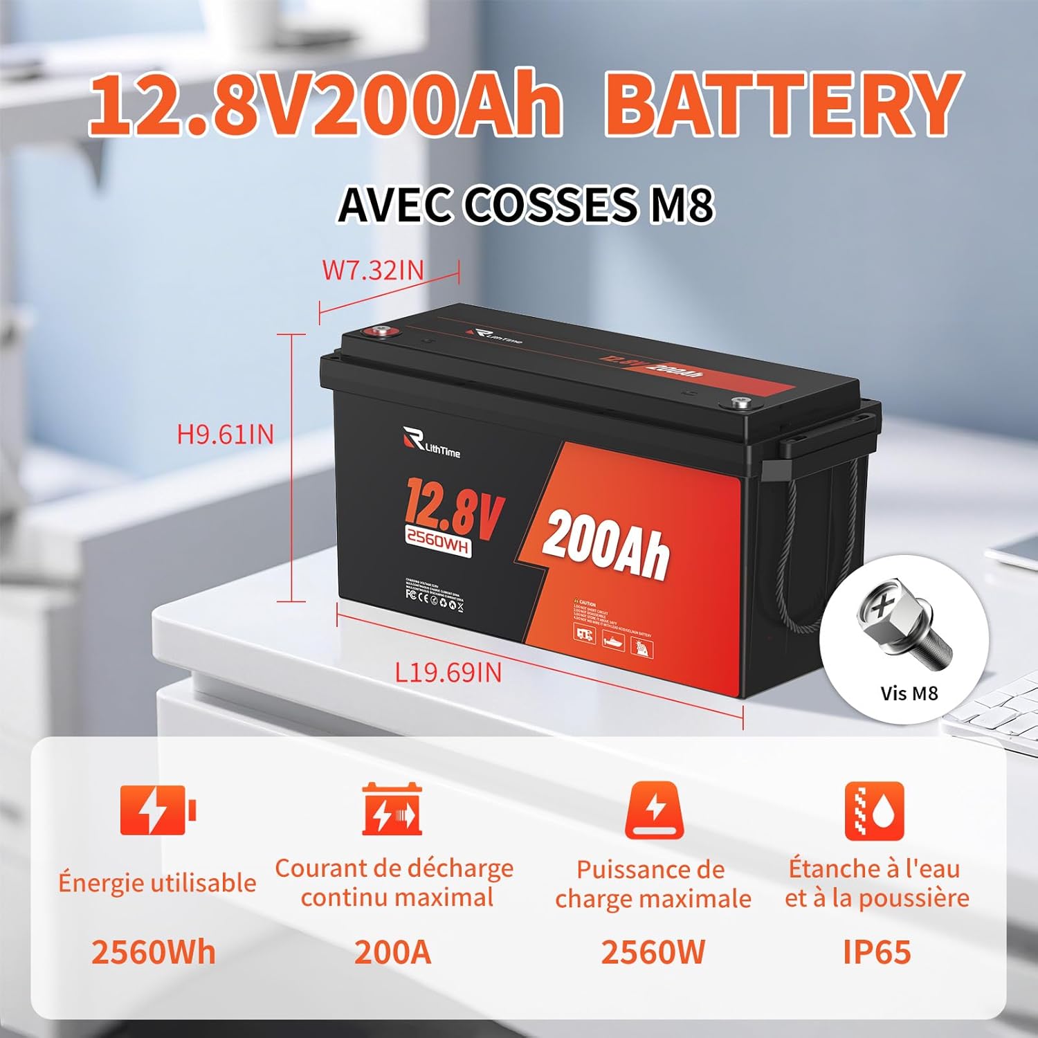 Batterie LiFePO4 12V 200Ah, Batterie Lithium avec 98% Efficacité, BMS 200A, IP65, 4500-16000 Cycles, Autodécharge 3% pour Systèmes Solaires, Applications Marines et Hors-Réseau