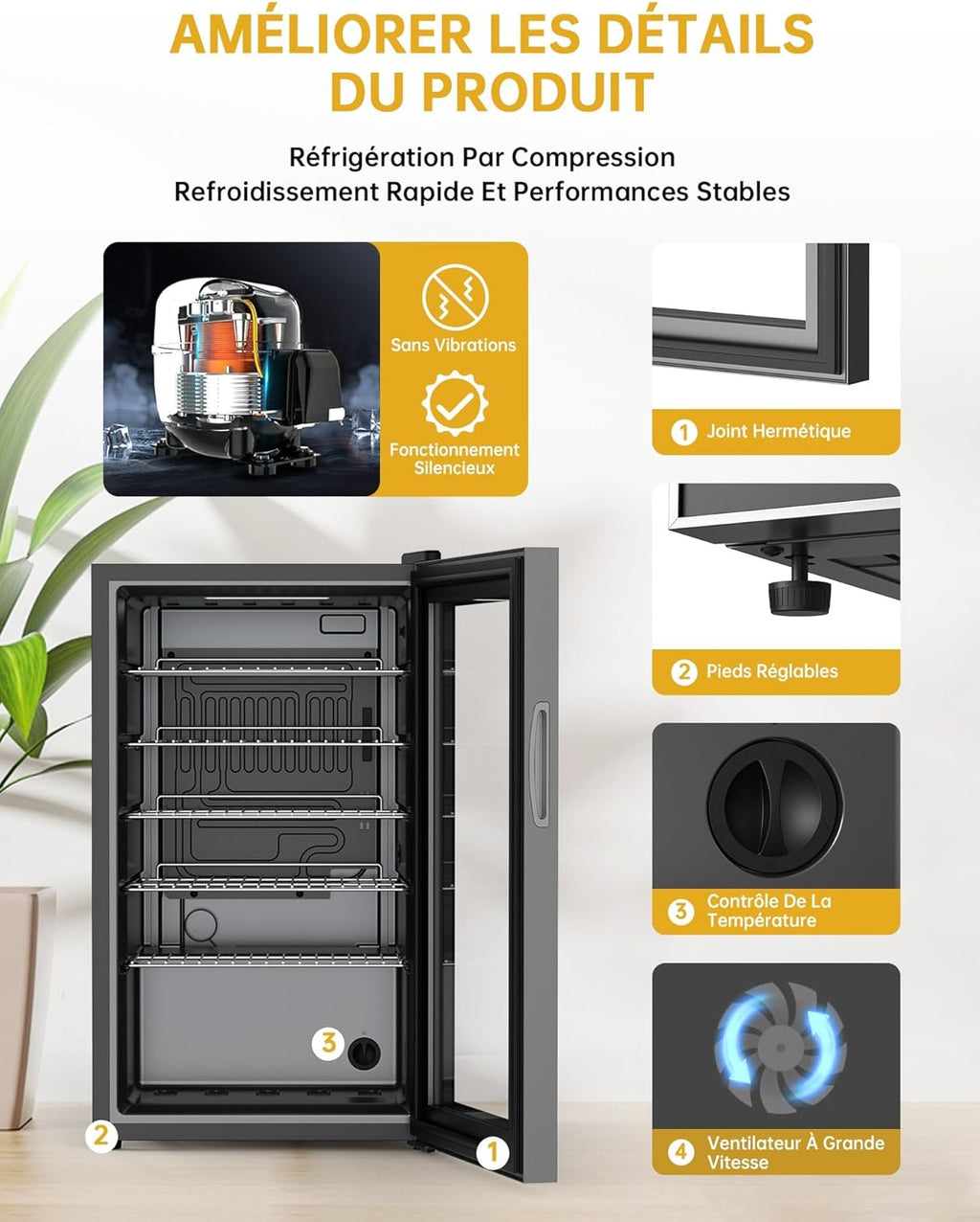 WIE Réfrigérateur à Boissons 70L Mini Réfrigérateur avec Double Porte Vitrée Petit Frigo Silencieux à Bière Intérieur Extérieu 105 Cans pour Maison/Cuisine/Bar/Bureau