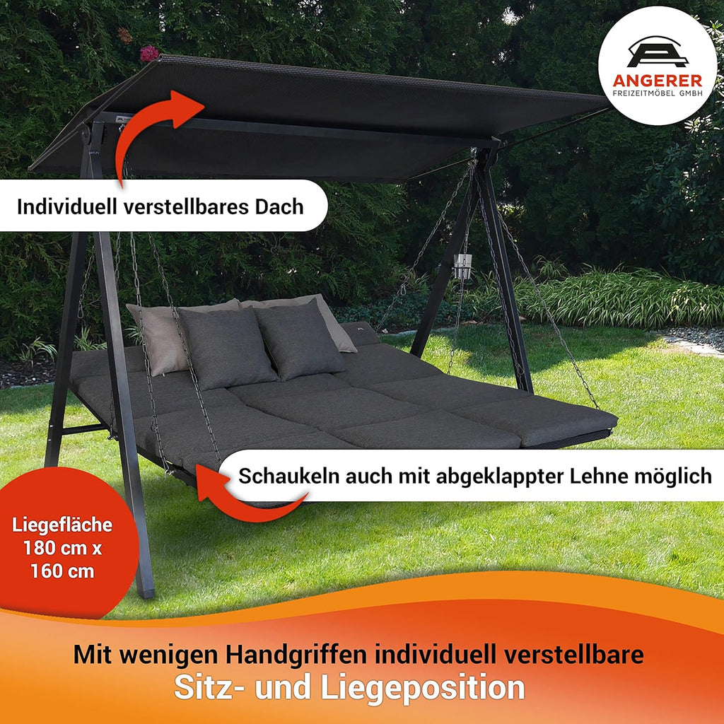 ANGERER Balancelle de Jardin Lounge Smart 3 Places, Acier Galvanisé, Toit Réglable, Position Assise et Allongée Réglable, avec Coussins et Textilène, pour Extérieur Smart Gris