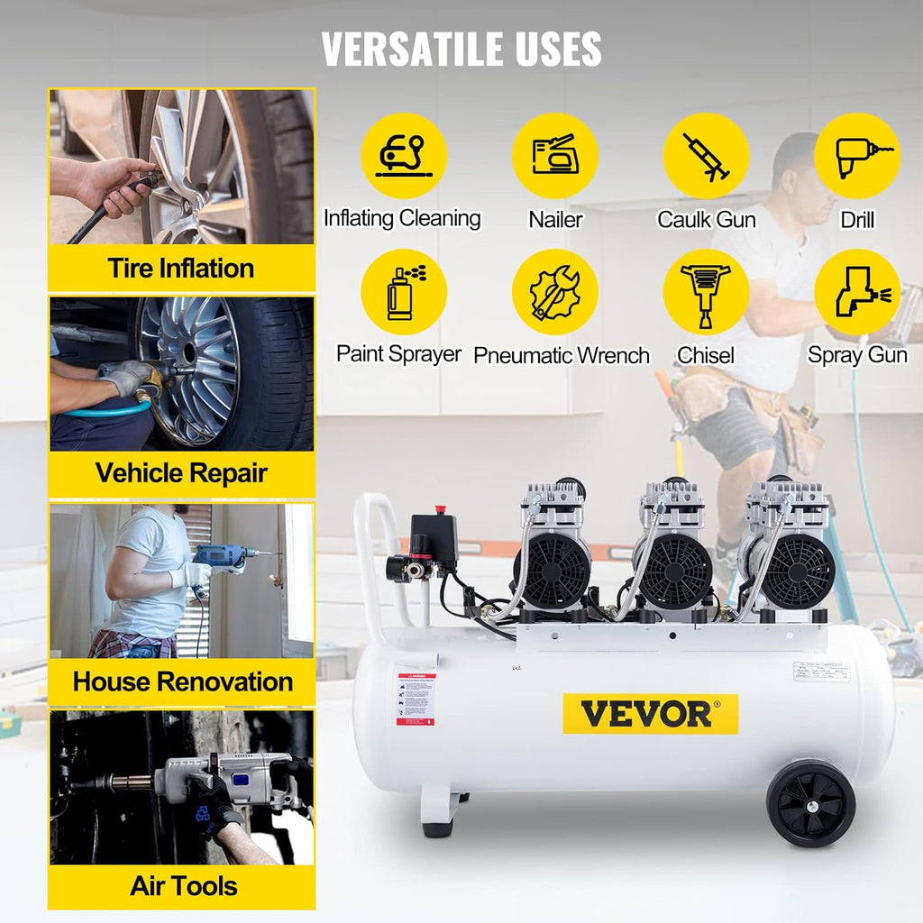 VEVOR Compresseur d’Air sans Huile Compresseur Silencieux à Air Comprimé Compresseur Outil d’Atelier pour Réparations Domiciliaires, Gonflage de Pneus (100L 2.2KW, Électrovanne)