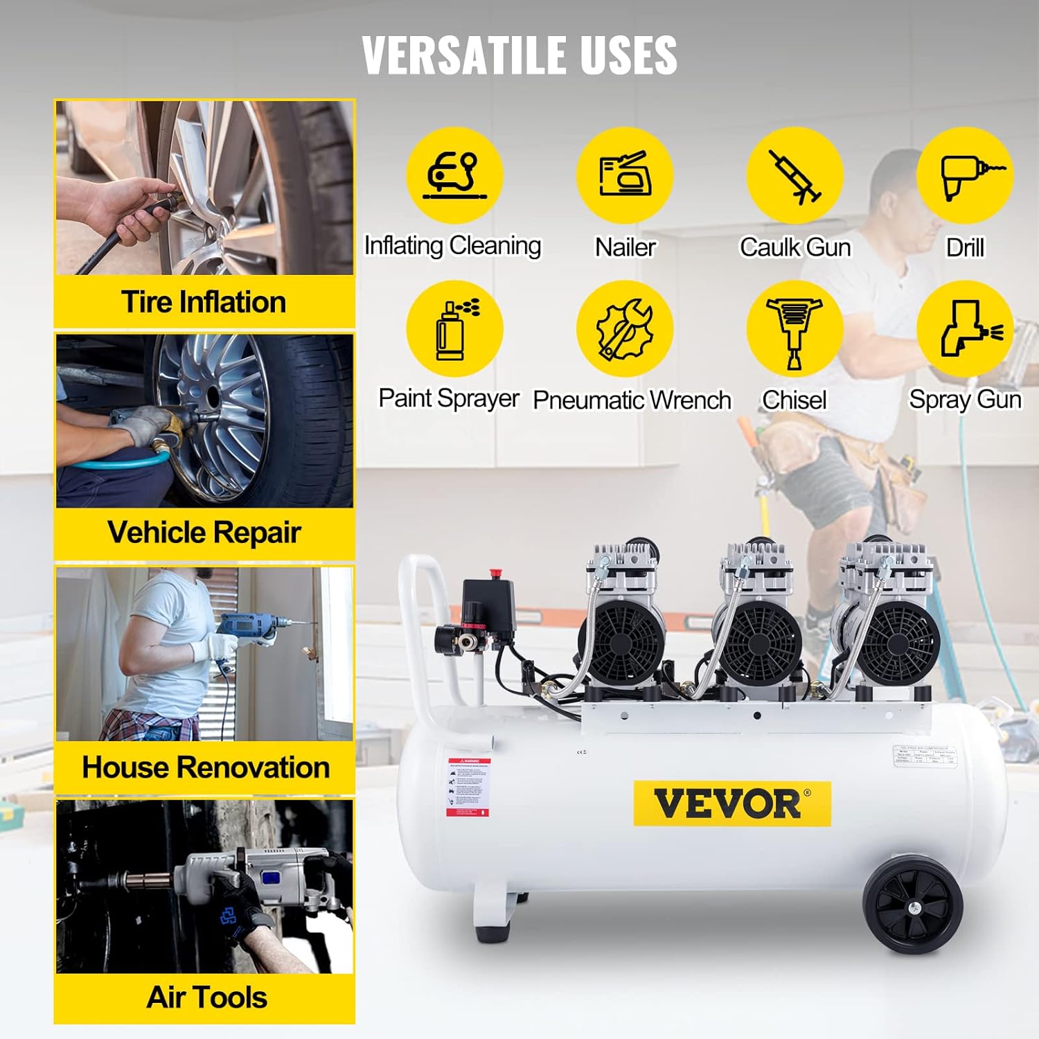 VEVOR Compresseur d’Air sans Huile Compresseur Silencieux à Air Comprimé Compresseur Outil d’Atelier pour Réparations Domiciliaires, Gonflage de Pneus (100L 2.2KW, Électrovanne)
