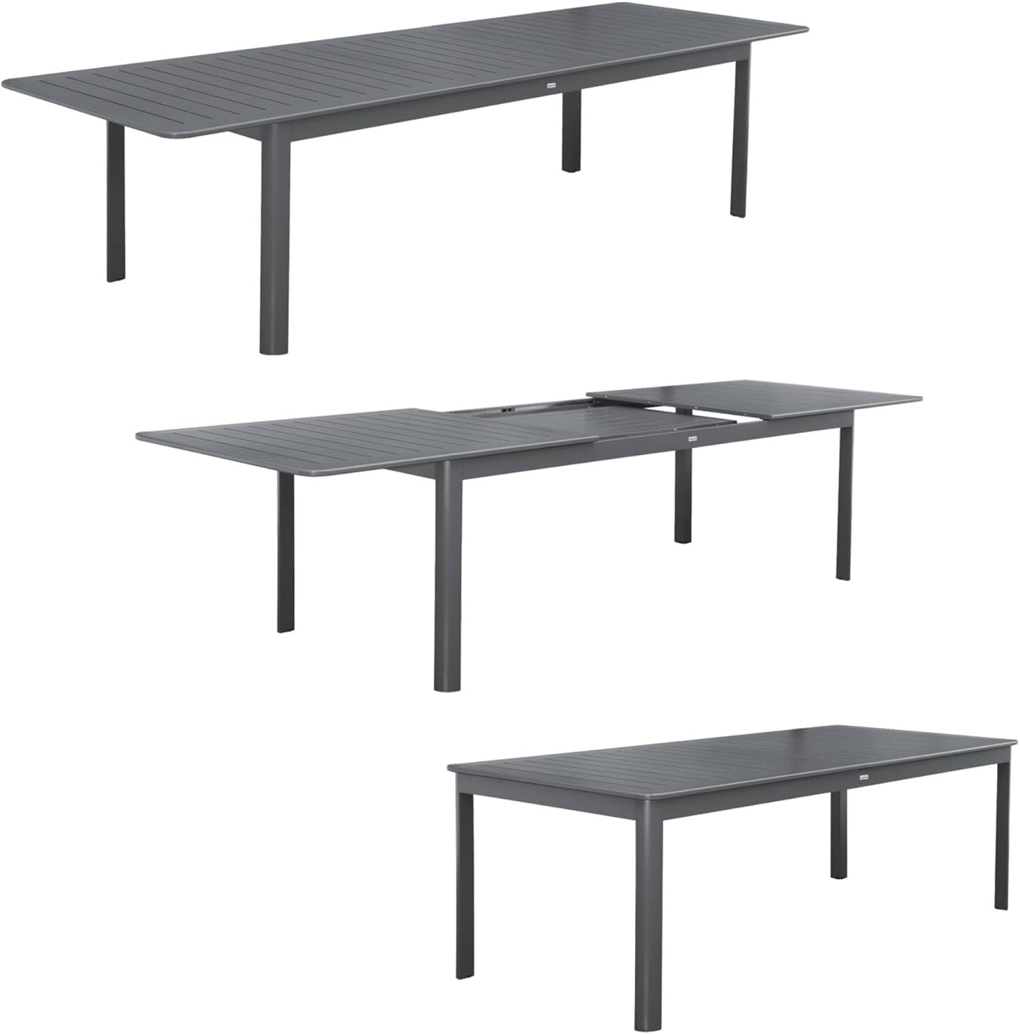sweeek - Table de Jardin Extensible Aluminium + 10 assises Aluminium et textilène Anthracite. 8 chaises. 2 fauteuils. 10 Places. 290 x 100 x 75 cm