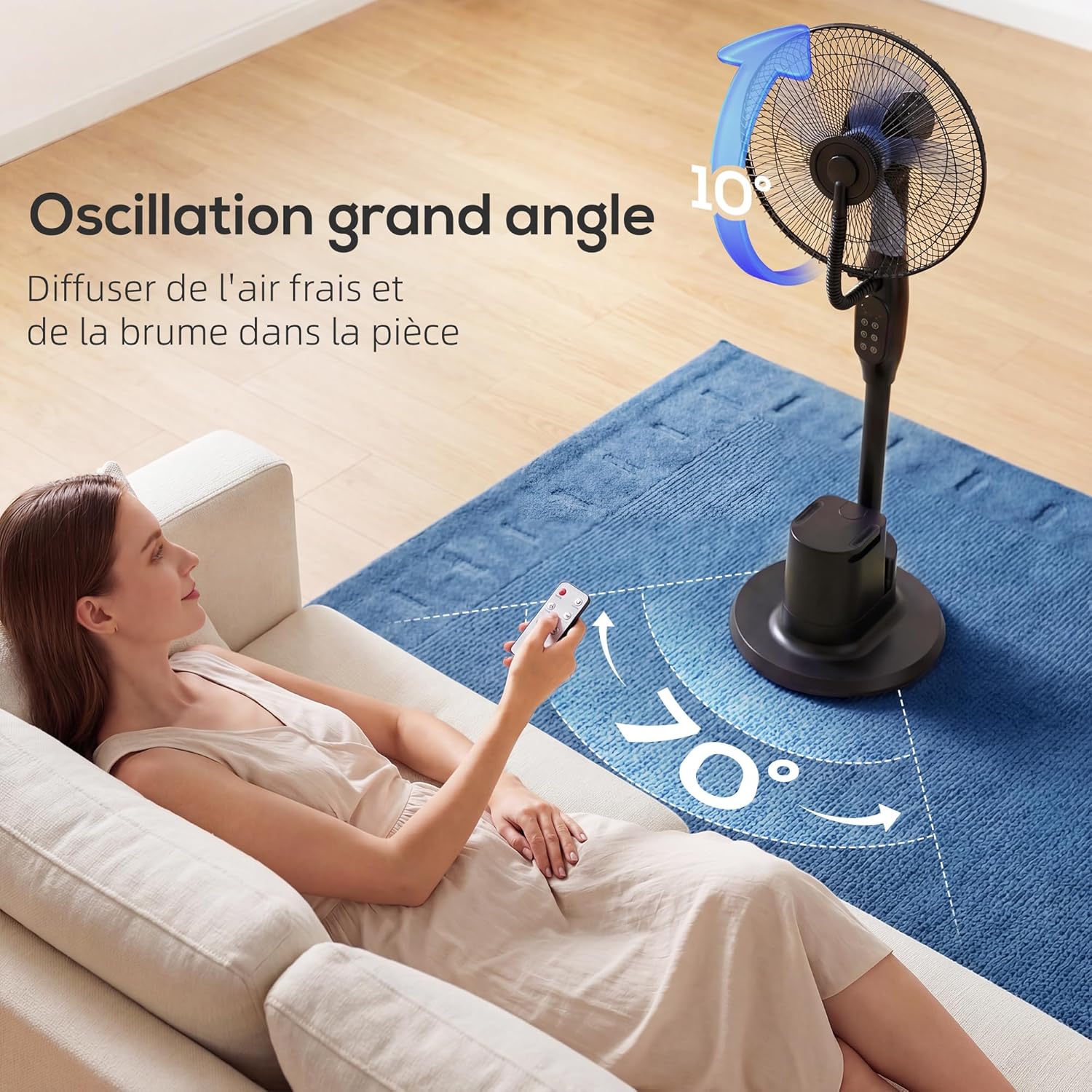 HOMCOM Ventilateur brumisateur silencieux 90 W, ventilateur sur pied 128 cm, oscillation 70°, 3 vitesses, 3 modes, réservoir d'eau 3,5 L, télécommande, minuterie 8 h, pour maison, bureau, noir