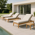 Ensemble 5 pièces chaise longue de jardin bois massif crème rembourrée réglable