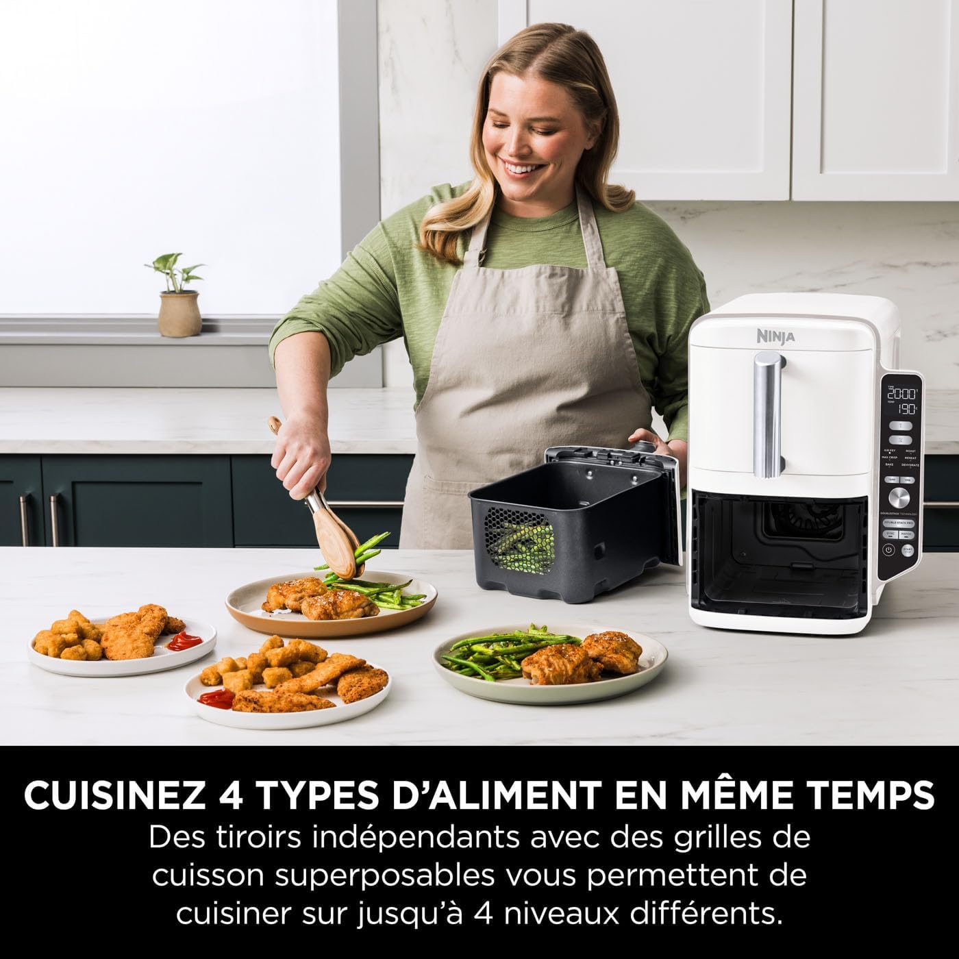 NINJA Double Stack XL Air Fryer, Friteuse sans huile Verticale Double Tiroir 4 Niveaux de Cuisson, 2 Tiroirs, 2 Grilles, Capacité de 9,5 L, 6 Fonctions, 8 Portions, Pinces, Blanc SL400EUWH