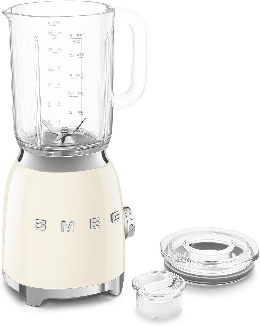 Smeg, Blender BLF03CREU 1,5 L, 4 Vitesses, 4 Fonctions Smoothie, Pulse, Glace Pilée et Autonettoyant, Bloc Moteur et Bouchon Doseur, Base Antidérapante, Range Cordon Intégré, 800W, Crème