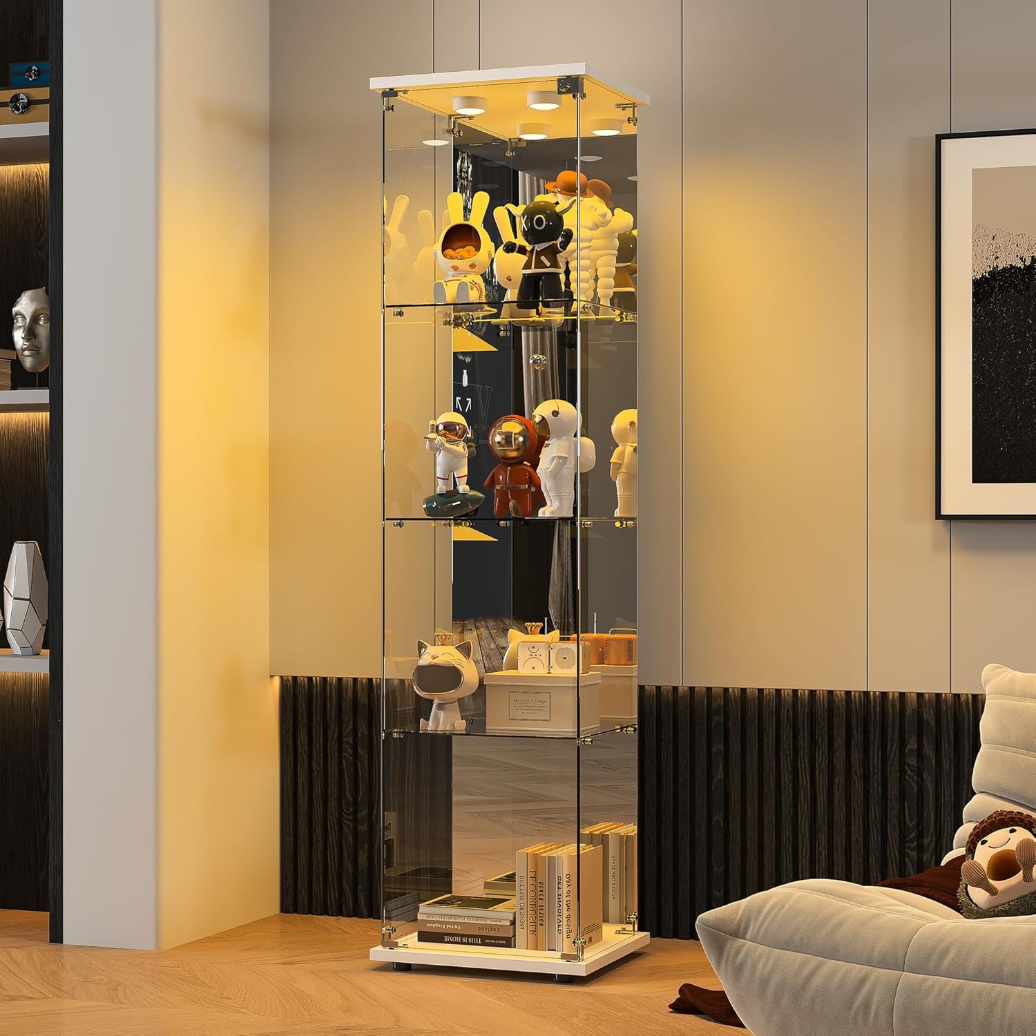 Vitrine sur pied en verre à 4 couches - 1 porte - Lampe LED et serrure avec paroi arrière miroir - Armoire de salon pour objets de collection et livres - Blanc