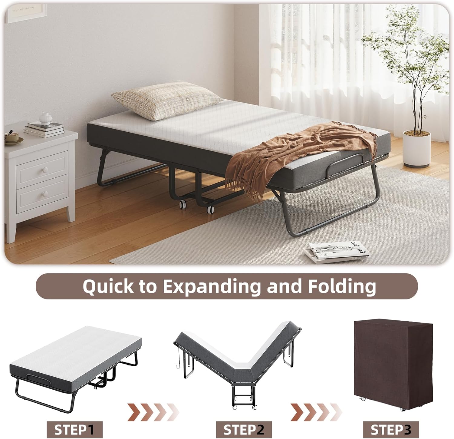 CAIYUN Lit Pliant 1 Personne 100 x 190 cm Lit Pliable Adulte avec Matelas en Mousse de 13 cm, Lit d'Appoint Pliable à 4 roulettes et Sommier à Lattes en Métal pour Invités, Charge 200 kg, Noir