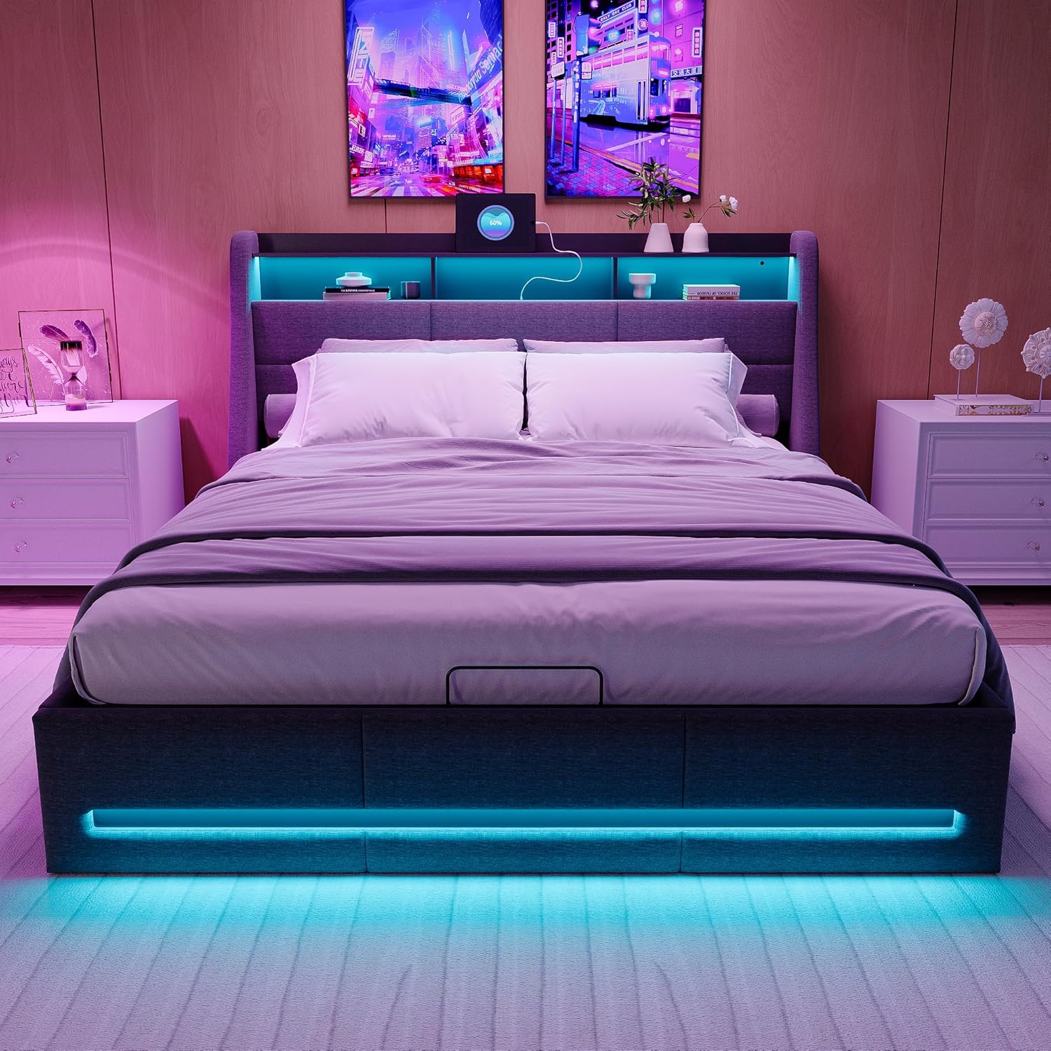 LIVLUX Lit Coffre 140x190 avec sommier LED et USB,Lit Double rembourré avec Rangement hydraulique,lit 2 Personnes pour Adultes et Adolescents,Lin Gris Clair, 140 x 190 cm