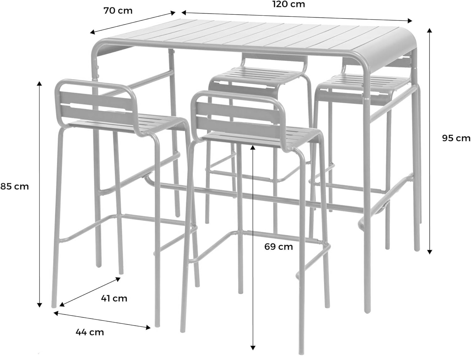 sweeek - Table Haute de Jardin Acier + 4 assises Amelia Anthracite. 4 chaises Hautes en Acier. 120 x 70cm x 95cm