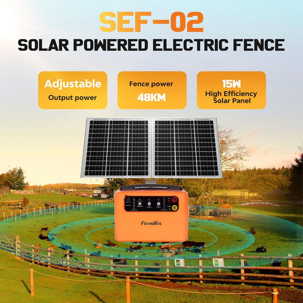 FarmNix 48KM Électrificateur Clôture Electrique Solaire, 6KV-12KV avec Panneau Solaire 15W & Batterie 7Ah 12V, 0.3-1.5J pour élevage d'animaux de berger, pour ferme, pâturage, jardin
