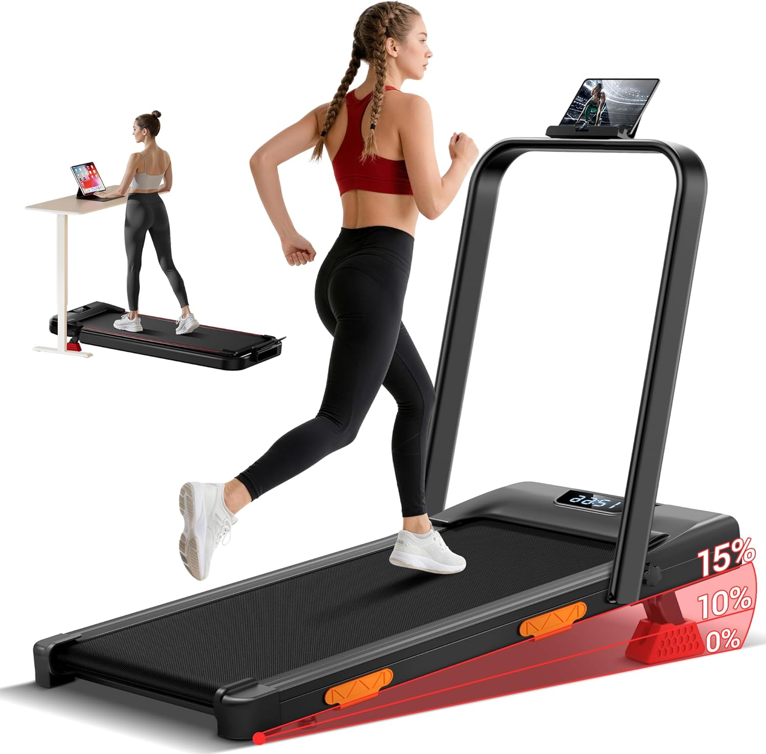UMAY Tapis de Course Pliable Inclinable 15%, Tapis de Marche Inclinable 6 en 1 avec Moteur Silencieux, Walking Pad,136KG