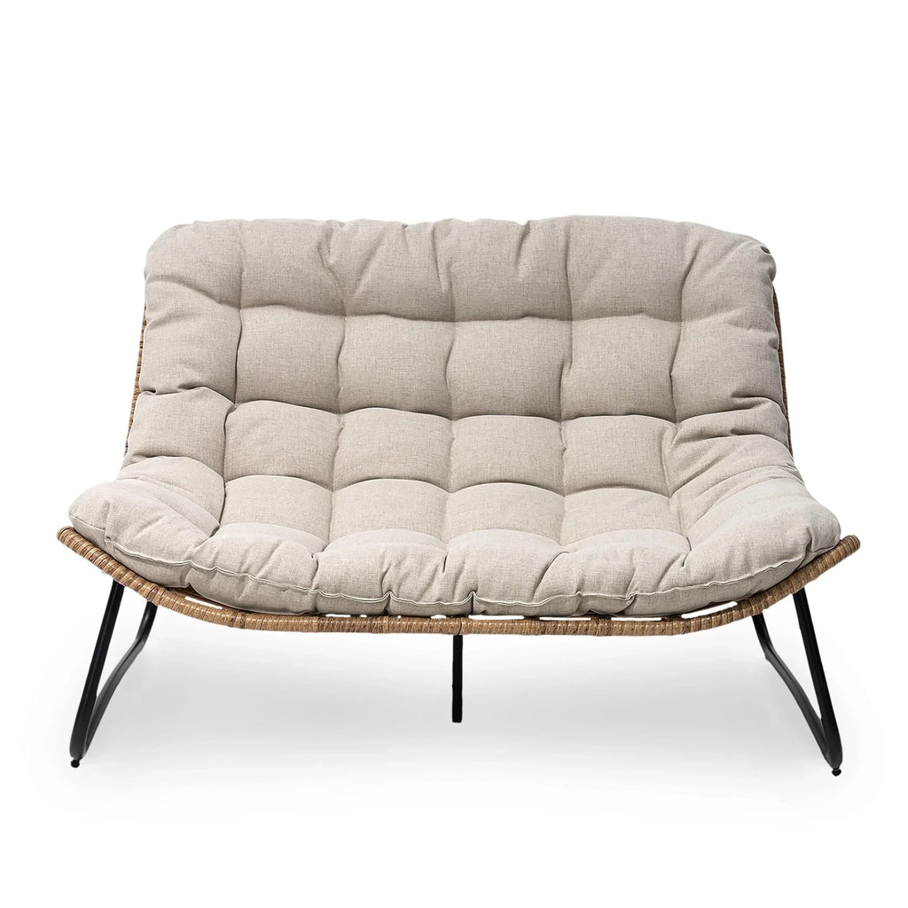 Causeuse double Papasan avec coussin, rotin PE tout temps et cadre en métal pour l'intérieur et l'extérieur