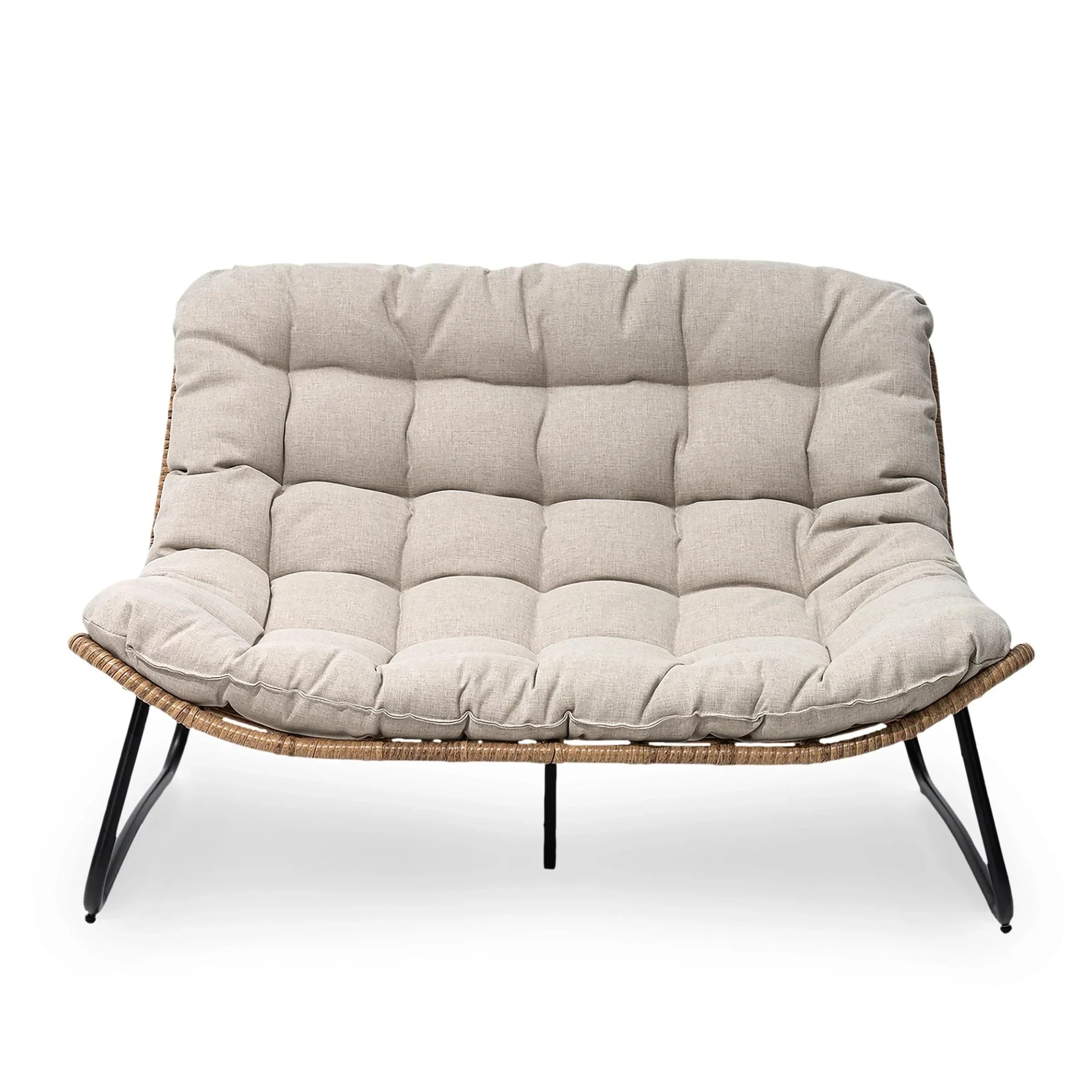 Causeuse double Papasan avec coussin, rotin PE tout temps et cadre en métal pour l'intérieur et l'extérieur