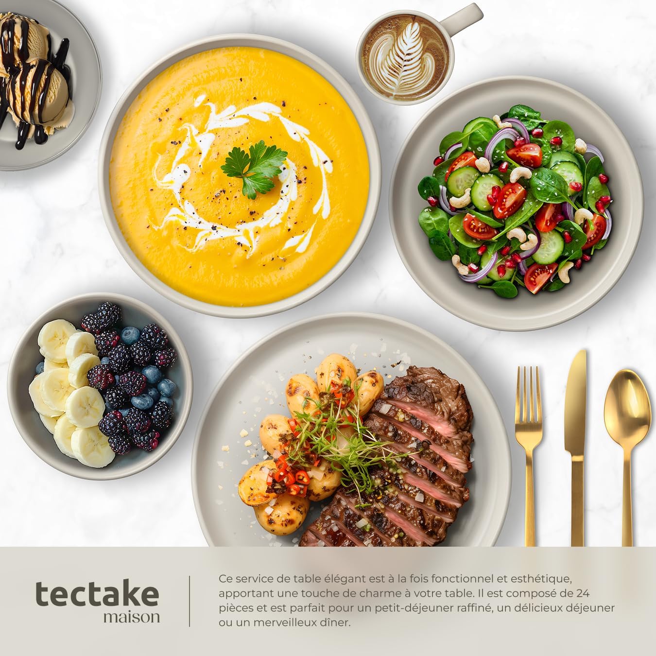 tectake® Set de cuisine 45 pièces, Service de table 6 personnes et Batterie de cuisine, Poêles, Casseroles, Assiettes plates, Assiettes creuses, Bols, Tasses, Louche, Spatule, Vaisselle en grès