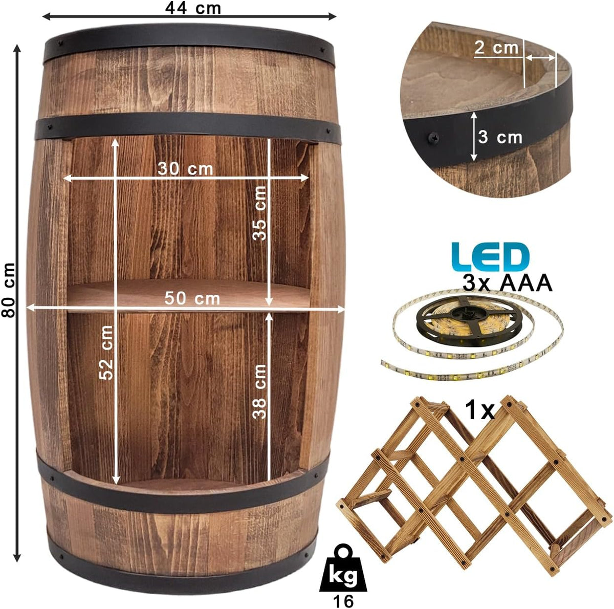weeco Tonneau Bar en Bois avec Éclairage LED – Casier à Vin avec 2 Étagères et Porte-Bouteilles – Bar Rustique pour Salon ou Cave à Vin – Décoration Vintage – 80x50cm Marron