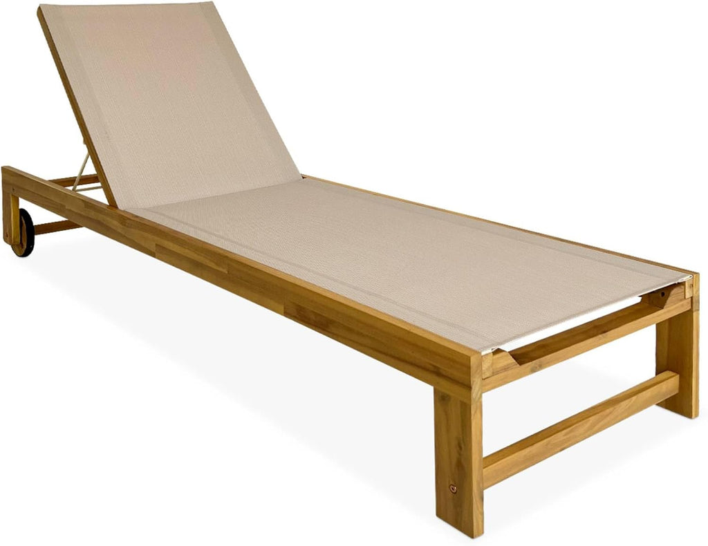 sweeek - Lot de 2 Bains de Soleil en Bois d'acacia et textilène Beige. Multi Positions avec roulettes
