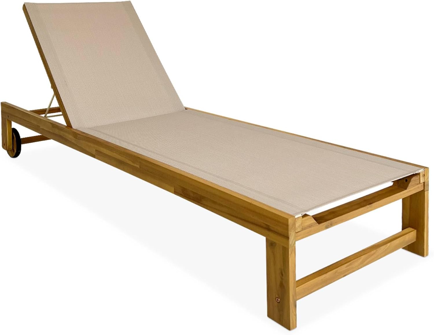 sweeek - Lot de 2 Bains de Soleil en Bois d'acacia et textilène Beige. Multi Positions avec roulettes