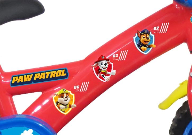 Vélo 12'' Pat Patrouille équipé de 1 Frein, Plaque Avant décorative, Garde boues, Carter et stabilisateurs.
