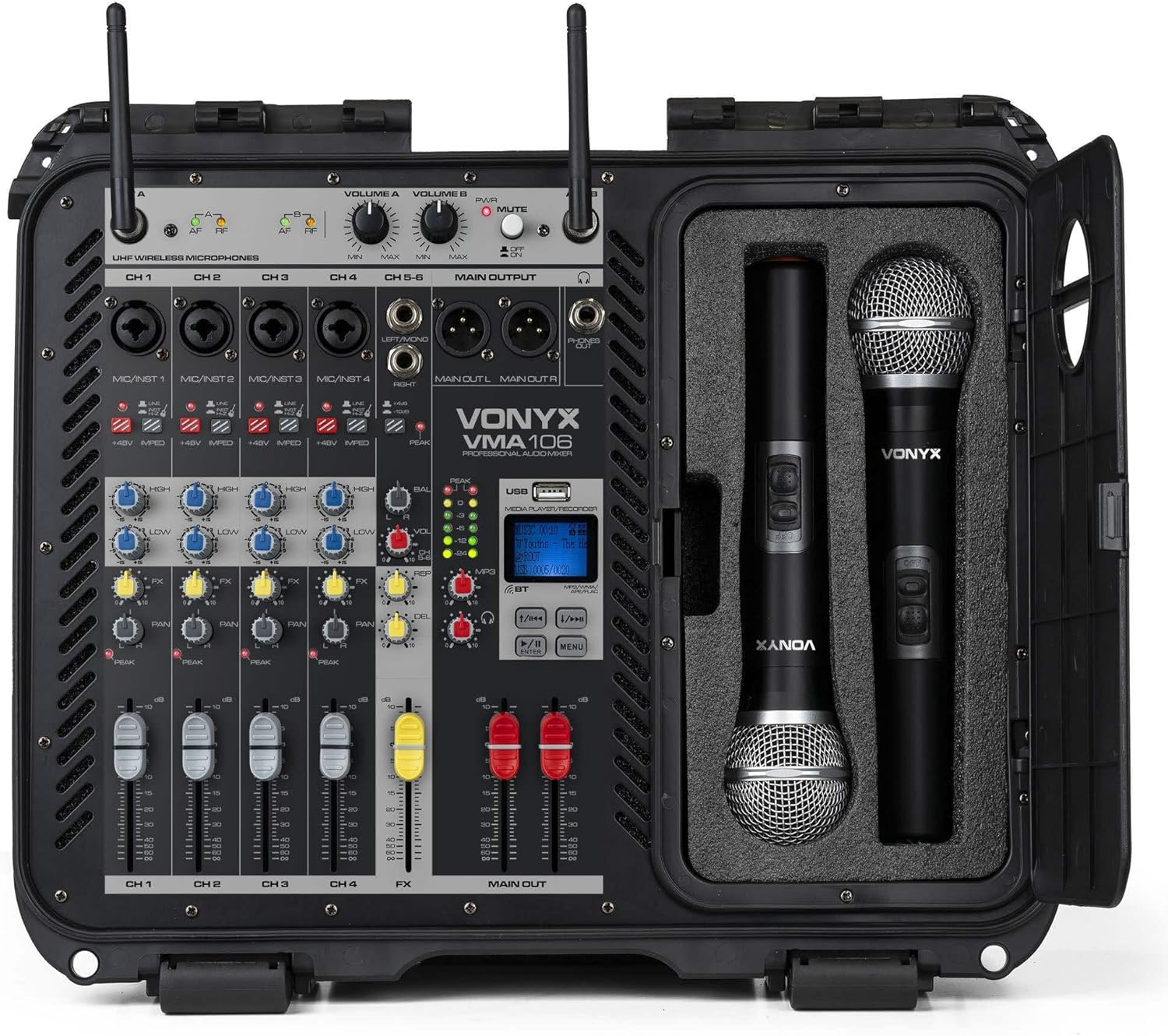 Pack Sono Complet avec Table de Mixage, 2 Enceintes Passives, Micros UHF, Câbles - 1600 Watts, Pied d'Enceines 110 à 175 cm, Bluetooth, MP3, Idéal pour Les DJ Mobiles, Groupes, Événements, Concerts