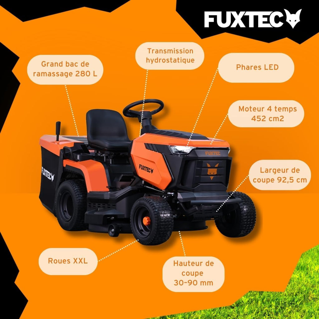 FUXTEC FX-RMT92A – Tondeuse autoportée hydrostatique – Tracteur de pelouse Essence 9,2 KW – Largeur de Coupe 92,5 cm – Bac 280 L – 6 hauteurs de Tonte – LED Automatique – Fonction Mulching intégrée