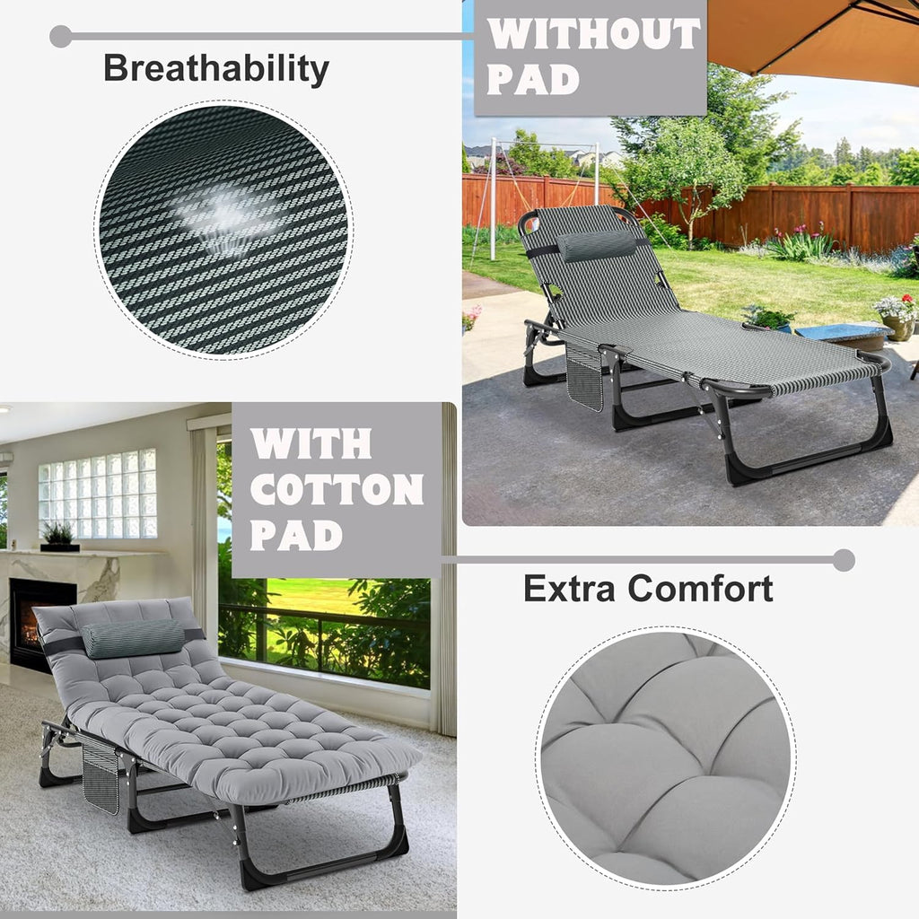 MOPHOTO Chaise Longue Pliable pour Jardin avec Matelas, Dossier et Repose-Pieds réglables, Chaise Pliante Portable pour intérieur et extérieur, Chaise Longue pour Bronzer(1 Paquet)