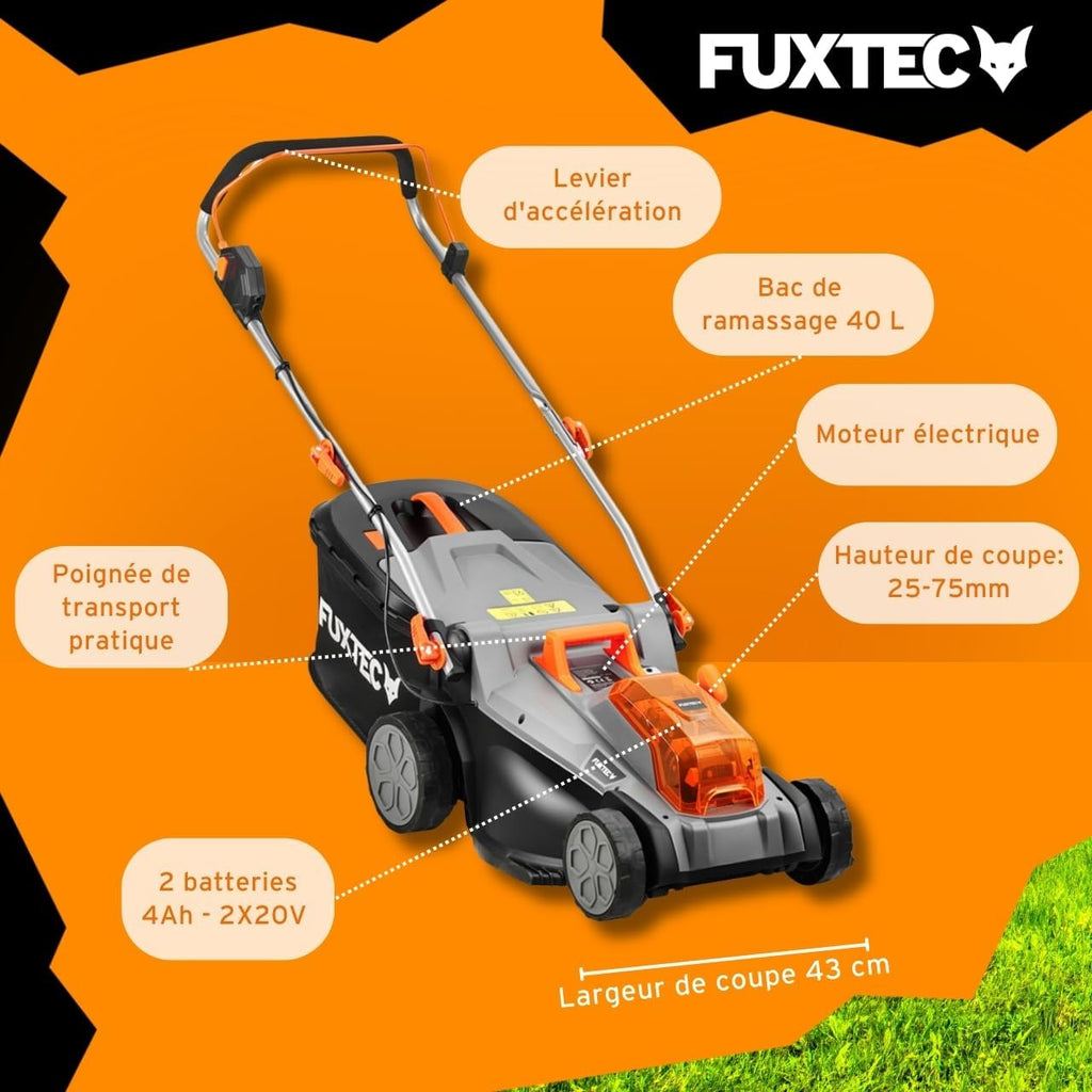 FUXTEC Tondeuse à Gazon sans Fil 40V (2x20V) E2RM43 Set Batteries et Chargeur - Largeur De Coupe 43cm, 40L, Hauteur De Coupe Variable, Tondeuse à Gazon Batterie, sans Fil