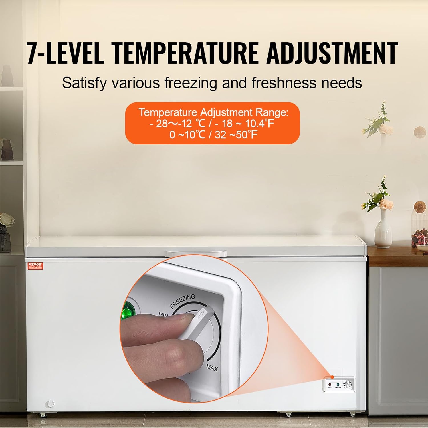 VEVOR Congélateur Coffre 488 L, Grand Surgélateur Autoportant avec 4 Paniers Amovibles, Porte Ouverte sur le Dessus avec Couvercle Verrouillable, Température Réglable sur 7 Niveaux, Éclairage LED