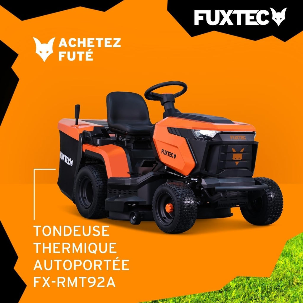FUXTEC FX-RMT92A – Tondeuse autoportée hydrostatique – Tracteur de pelouse Essence 9,2 KW – Largeur de Coupe 92,5 cm – Bac 280 L – 6 hauteurs de Tonte – LED Automatique – Fonction Mulching intégrée