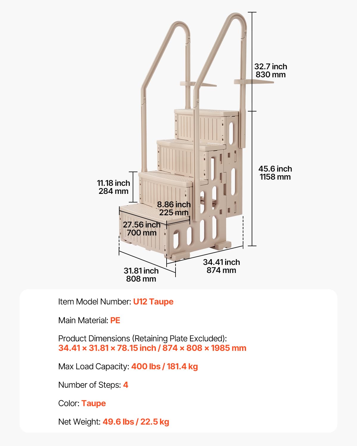 VEVOR Escalier de Piscine en Plastique avec 2 Rampes, 4 Marches Antidérapantes, Capacité de Charge 181,4 kg, pour Piscines Creusées Hors Sol 122-137 cm, Terrasse, Maison, Intérieur, Extérieur, Taupe